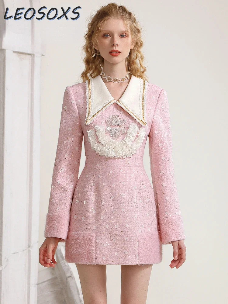 Sweet Pink Jacquard Diamond Decorations Lace Slim Waist Tweed Dress Fall Winter Lapels Long Sleeve Slim Fit Short Dress Lady 240824