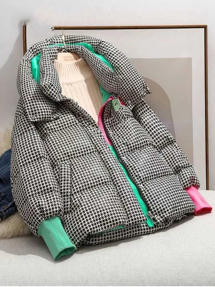 Women's Down Parkas Womens winter plain jacket thick cotton pad Parka fashionable hooded oversized loose Fr washed Parka womens inflatable jacket