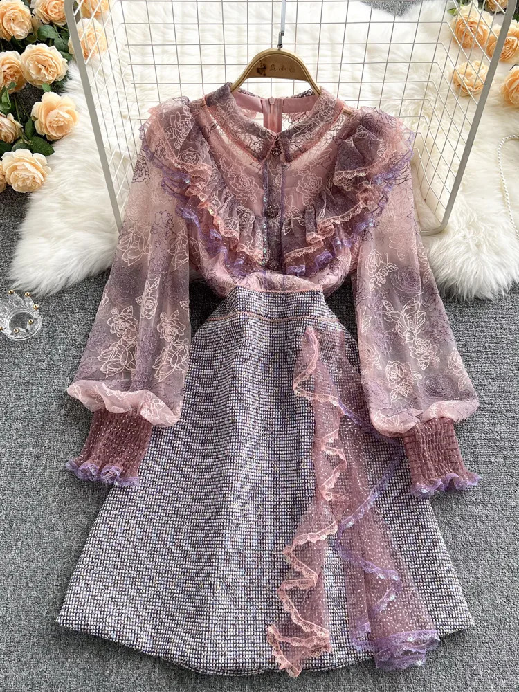 Autumn Sweet Pink Lace Mesh Embroidery Ruffles Patchwork Tweed dresses for Women elegant See Through Long Sleeve Party Vestidos 240824