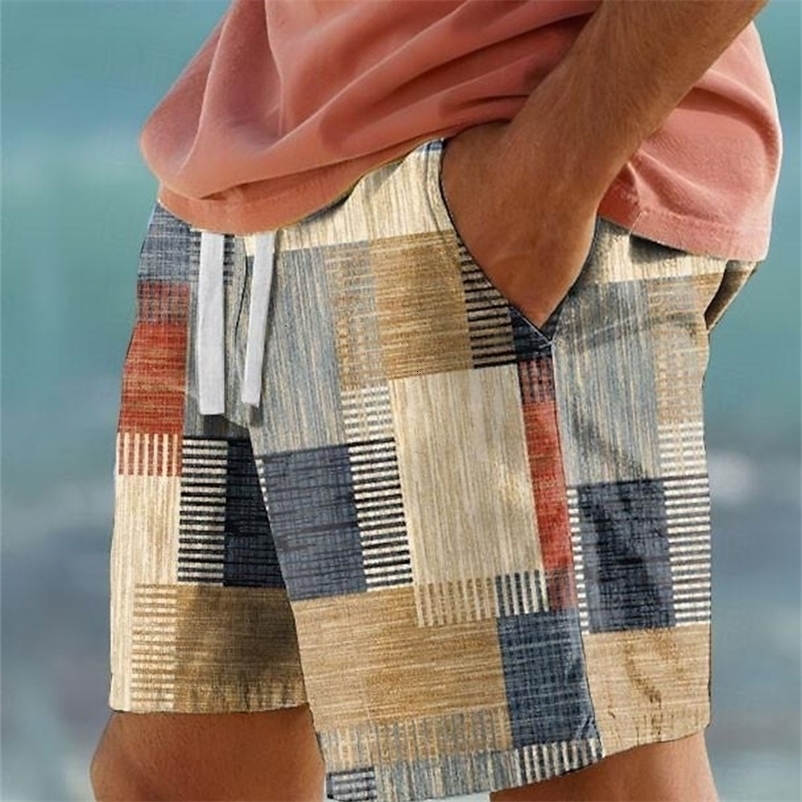 Plaid Color Block Mens Resort 3D Printed Geometry Board Shorts Swim Trunks Elastic Drawstring Hawaiian Style Beach y240823