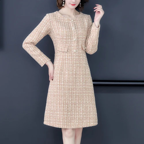 Arrival Autumn And Winter Runway Women Elegant Tweed Dress Round Neck Long Sleeve Female Fashion Chic Dresses Vestidos 240824