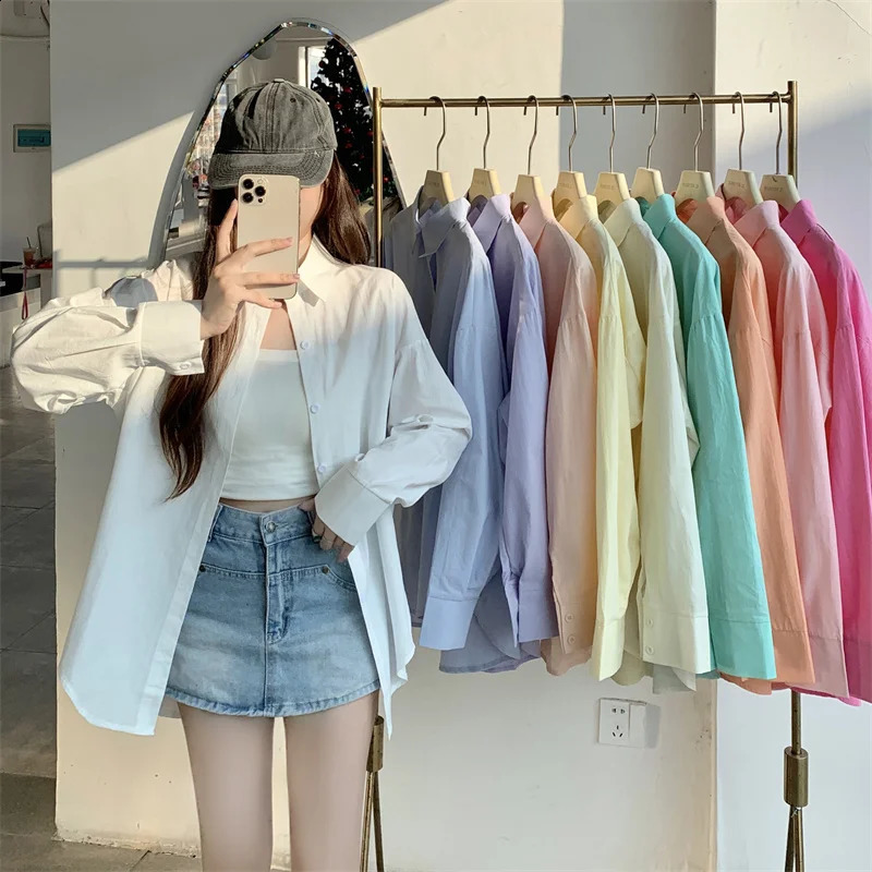 Basic Shirt for Women Long Sleeve Button Down Collared Loose-fit Plain Parisian White Shirt Spring Summer Chic Tops Outfit 240823