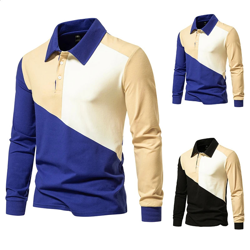 Polo Shirt Mens Fashion Business British Style Casual Slim Trend Solid Color Patchwork Color Lapel Long-sleeved POLO T-shirt 240824