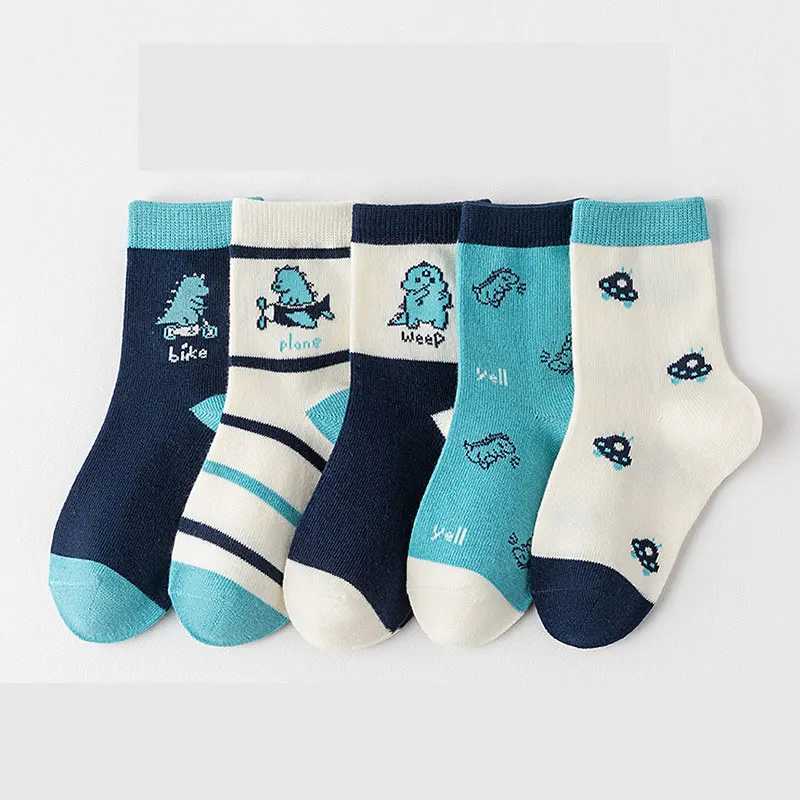 5Pairs Kids Socks Cartoon Dinosaur Striped Print Middle Tube Socks For Boys Girls Casual Warm Cotton Sock CL240824