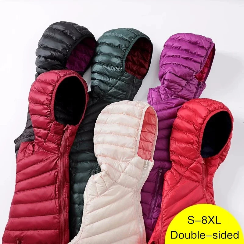Double sided womens hooded short sleeved down jacket Arrivals Plus size ultra light packaging 240823