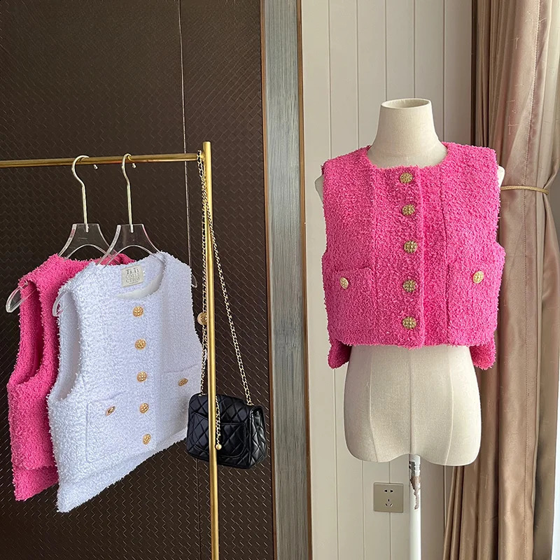Small Fragrant Summer Tweed Korean Fashion Elegant O-neck Sleeveless Coat Wool Jackets for Women Pink White Vest Femme 240823CJ