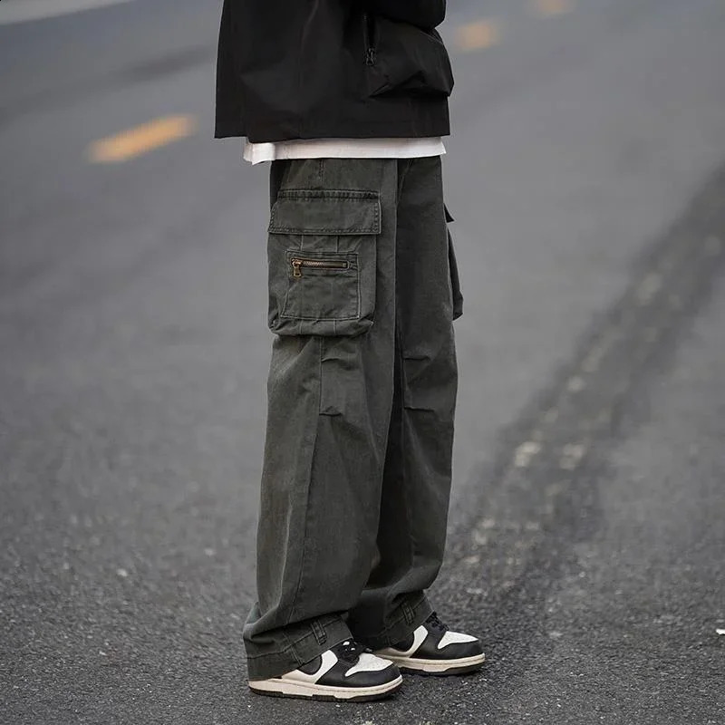 Mens cargo pants brown mens Trouser multi pocket wide straight large size n conventional suitable for aesthetic expressions 240823