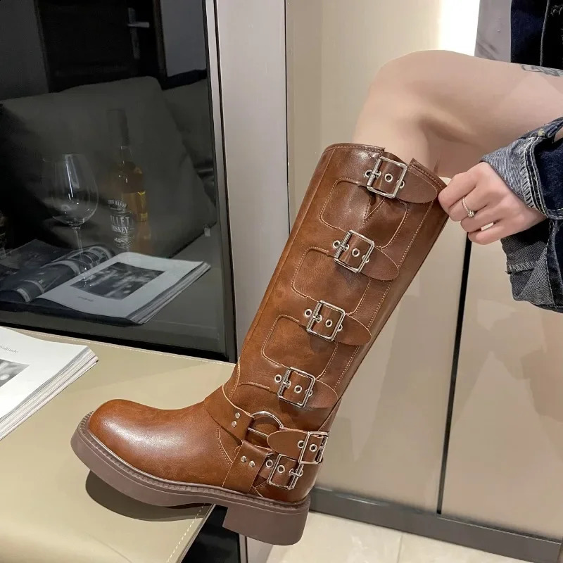 Womens denim boots retro square shoes high boots metal belt buckles riding boots fashion womens shoes 240823