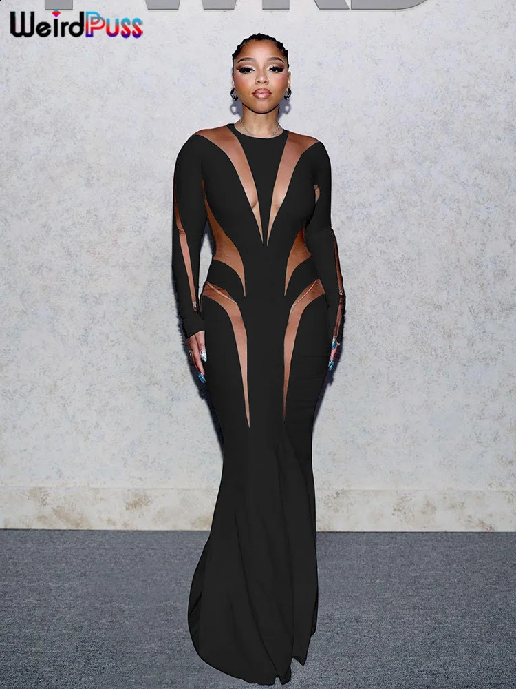 Weird Puss Mesh Patchwork Women Dress Autumn Elegant Long Sleeve O-Neck Maxi Bodycon Skinny Stretch Clubwear Vestidos 240823