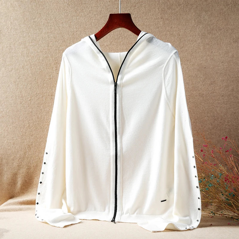 Superfine wool sweater womens thin worsted hooded zipper Merino hoodie cardigan knitted coat European goods explosion 240824