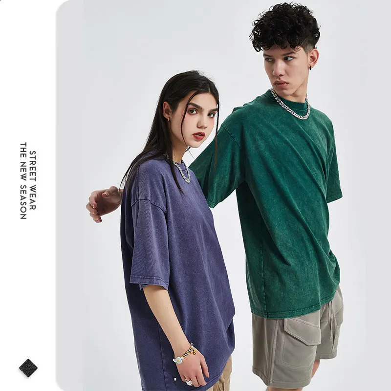 Solid color retro washed Tshirt street clothing oversized solid short sleeved Rerto top mens 100% pure cotton 240823