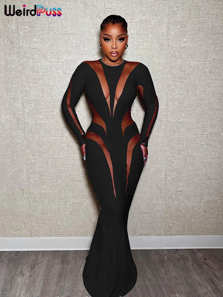 Weird Puss Mesh Patchwork Women Dress Autumn Elegant Long Sleeve O-Neck Maxi Bodycon Skinny Stretch Clubwear Vestidos 240823