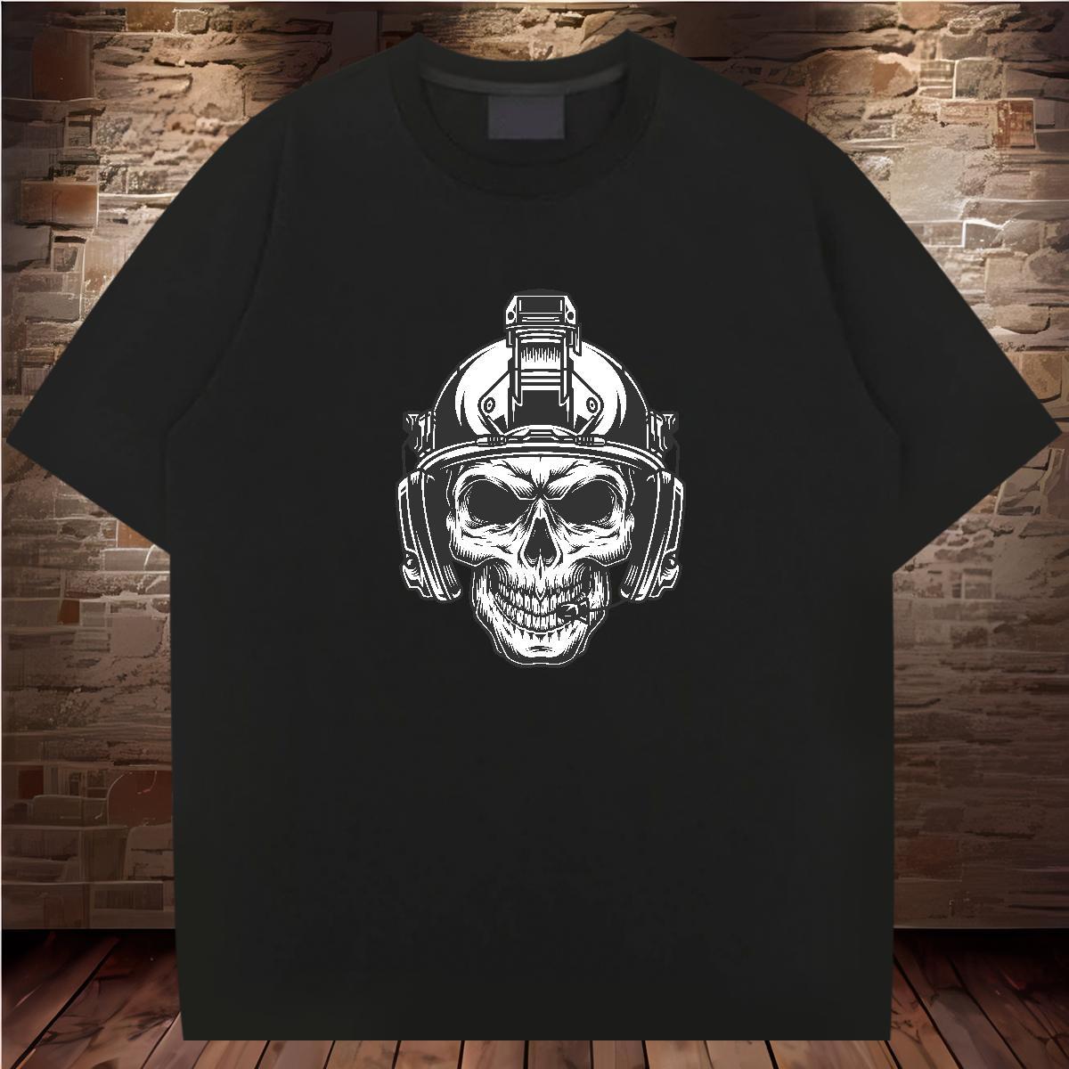 TOP Quality T shirt 230g Pure Cotton skull Casual Floral Print O-Neck Short Sleeve Tshirts Brand Tops