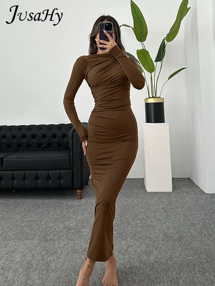 JusaHy Women Solid Sexy Dress Patchwork O-neck Long Dress Waist Maxi Dresses Long Sleeve Slim Robe Partywear High Street 240823