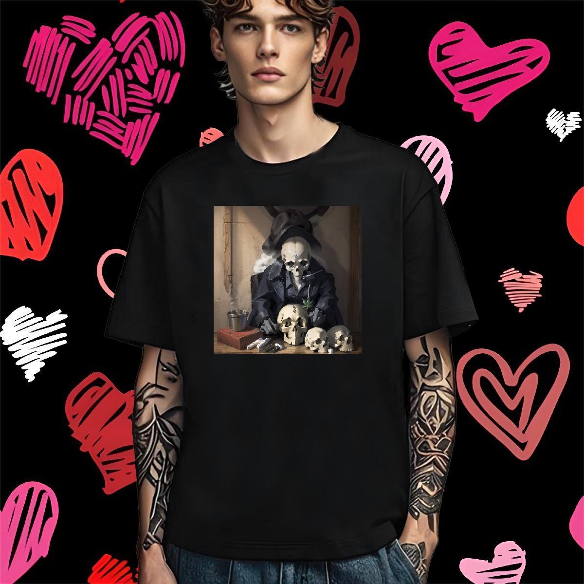 Unisex Men T Shirts 230g Pure Cotton skull Home Outdoor Oversized 3XL 4XL Short Sleeve O-Neck Couples T Shirts Fashion Design Tops Tees