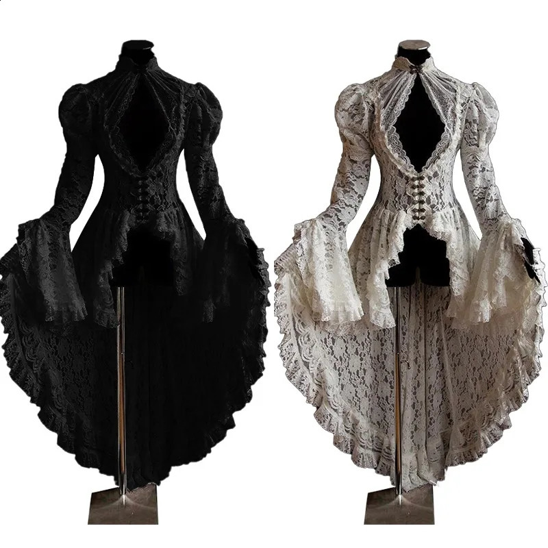 Halloween Retro Medieval Renaissance Role Playing Costume Womens Gothic Lace Bandage Black Fancy Dress Maxi Vestitos 240823