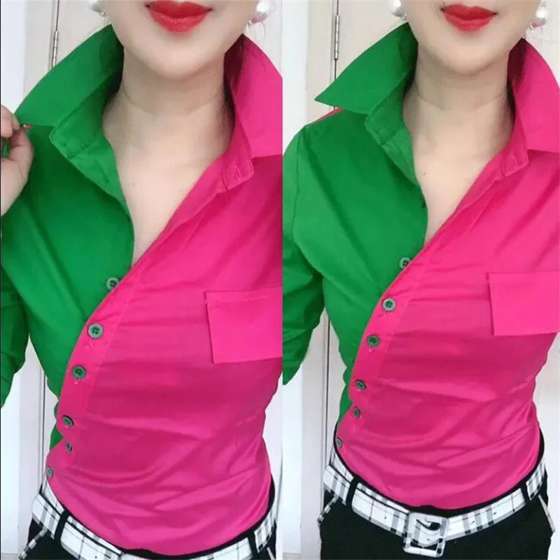 Oblique Placket Chic Color Matching Blouses Women Shirt Lapel long sleeve Patchwork Color Contrast Streetwear Female Blusa Shirt 240823