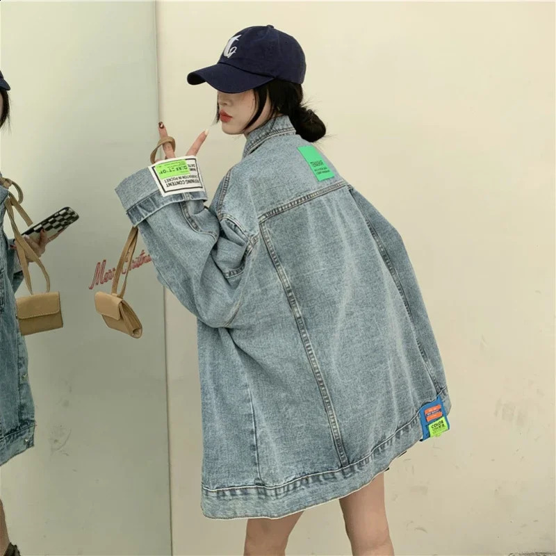 High Street Fashion Oversized Denim Jacket Women Korean Loose Long Sleeve Button Down Jean Jackets Female 240824