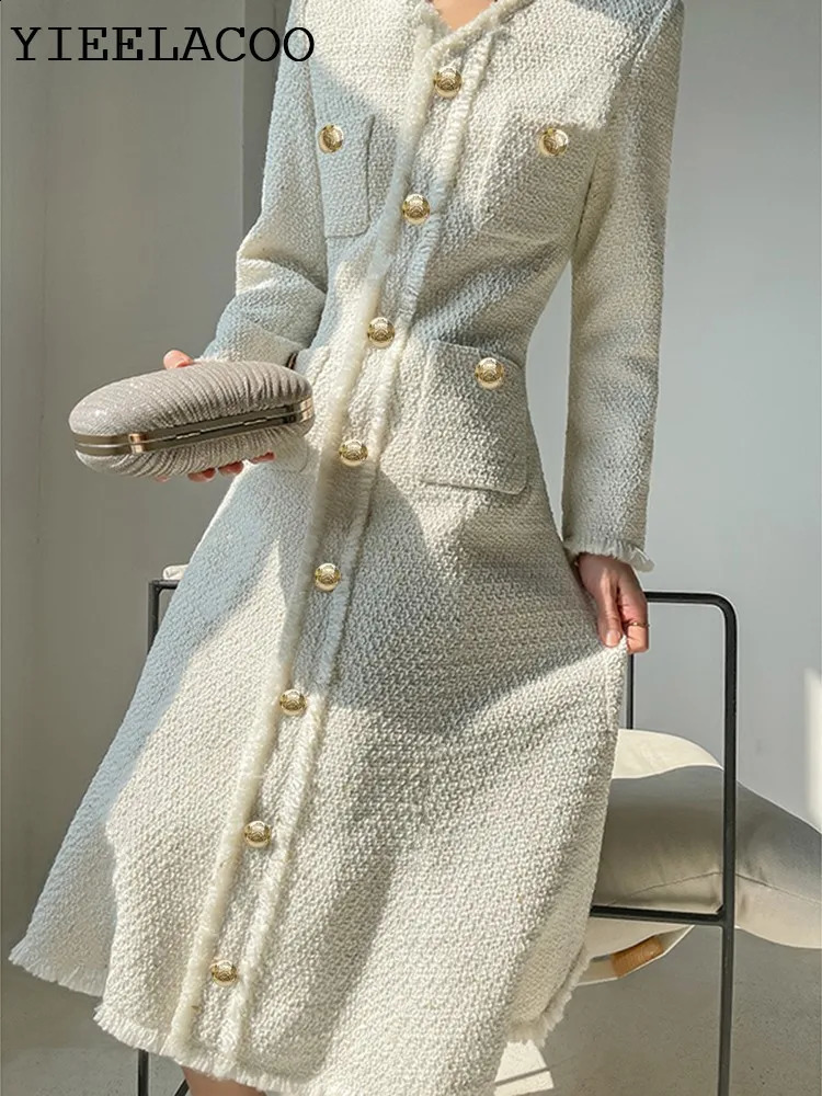 Off white tweed dress spring / autumn womens dress tassel ladies slim bottoming dress one-piece 240824