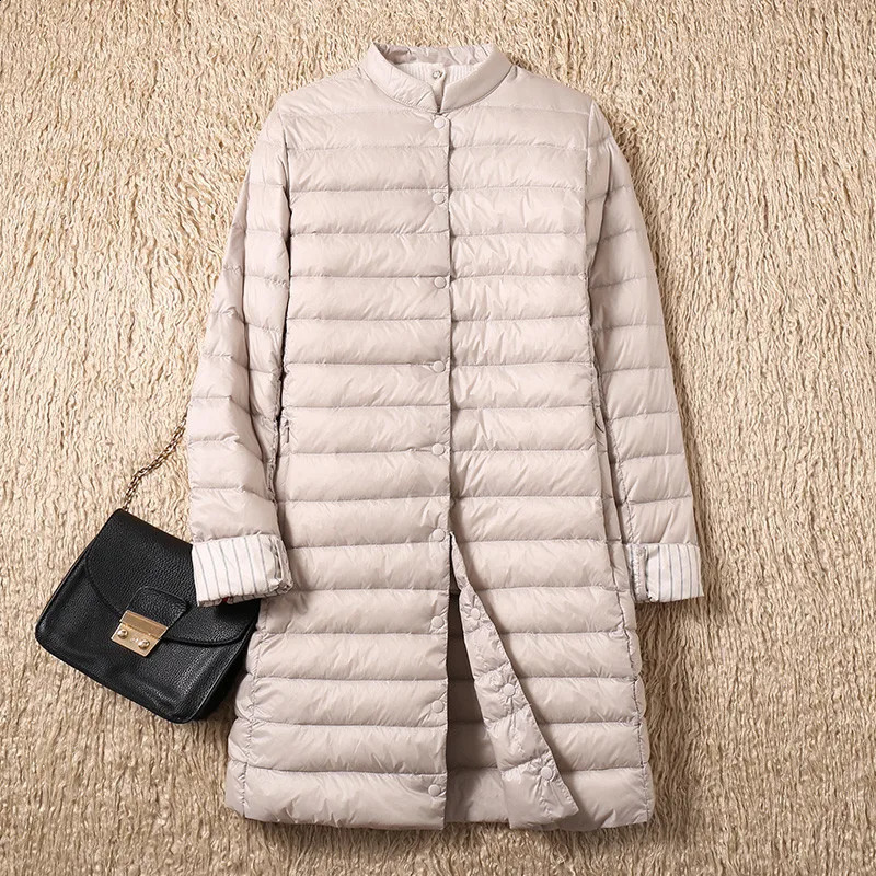 Womens Single Chest Midi Long Coat Autumn Ultra Light Down Jacket Parka White Duck SE593 240823