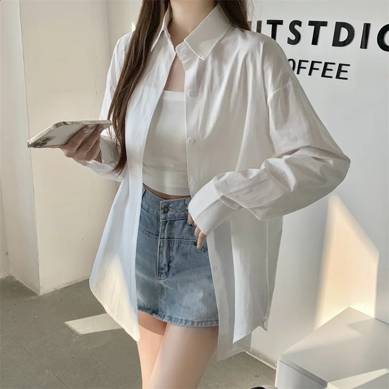 Basic Shirt for Women Long Sleeve Button Down Collared Loose-fit Plain Parisian White Shirt Spring Summer Chic Tops Outfit 240823
