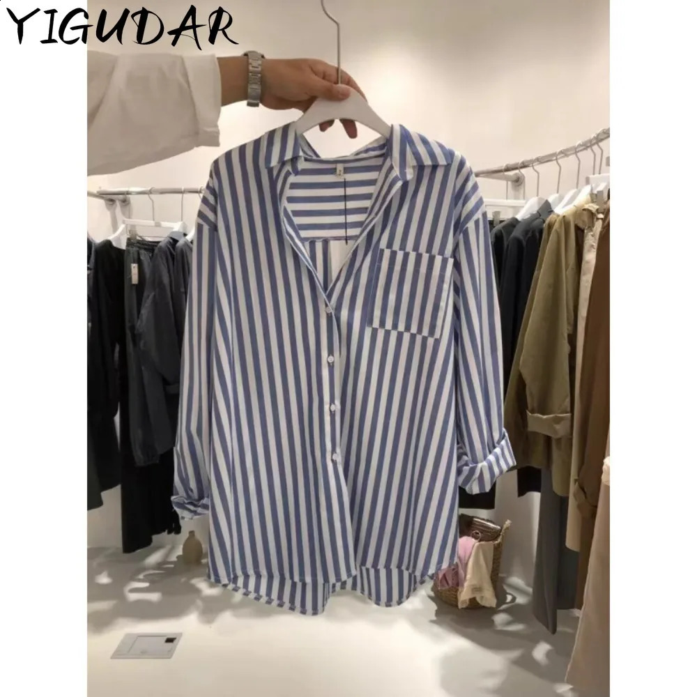 Vertical striped long sleeved shirt Spring Drop Sleeves Single Breasted Fashion Female Shirts Chic Casual Office Lady tops 240823