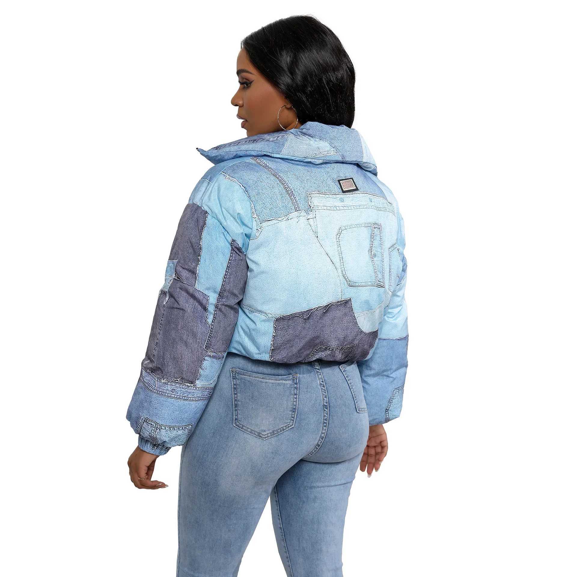 Women's Down Parkas 2023 Autumn/Winter Fashion Womens Jacket Denim Printed Cotton Parkes Jacket Winter Coat Womens BF Strtwear Warm Parkes Y24082