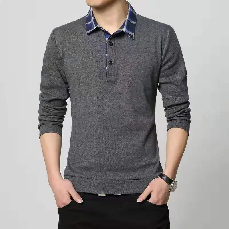 Spring Autumn Korean Business Casual Long Sleeve Polo Shirt Mens Lapel Print Button Patchwork Screw Thread Loose Cotton Tops 240824