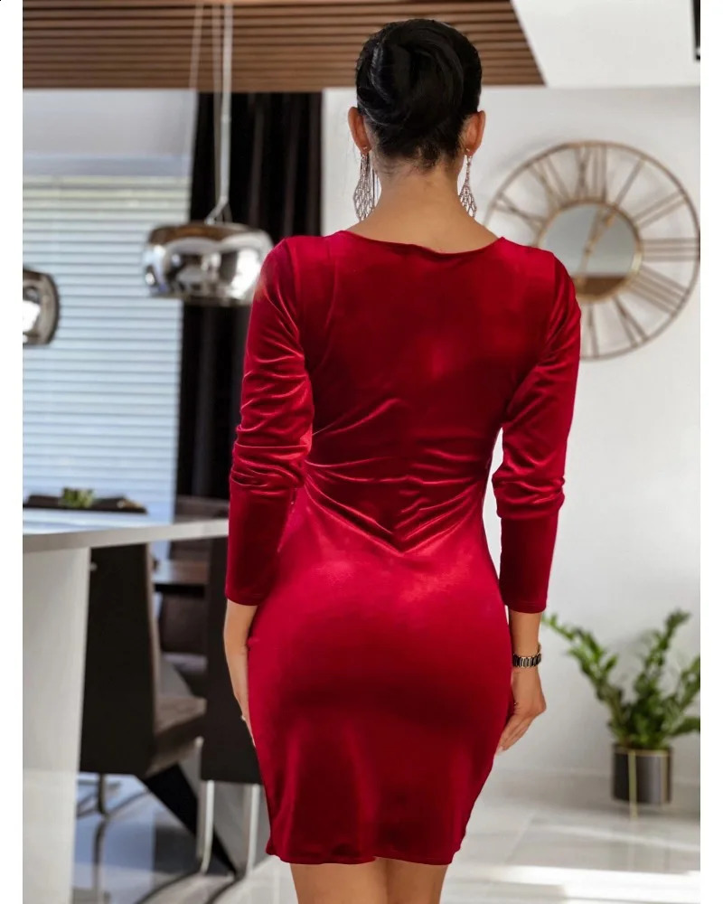 Deep V Neck Long Sleeve Ruched Wrap Dress Casual Slim Cocktail Evening Dresses Red 240823