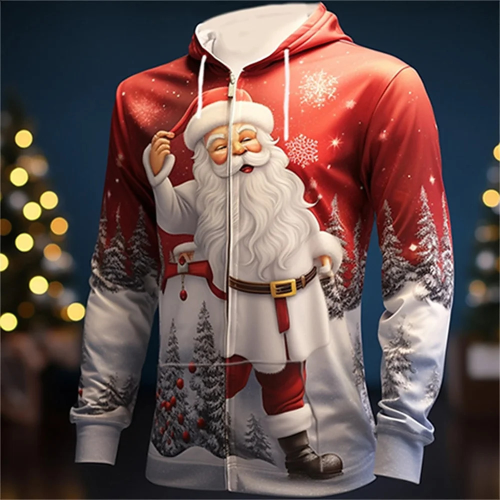 3d Christmas Festival Mens Zipper Hoodies Fashion Santa Claus Clothes For Men Clothing Oversized Tops Long Sleeve Sweatshirt 240823