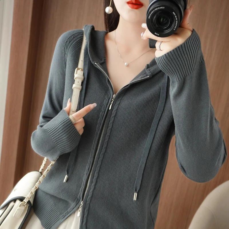 100% Cashmere Sweater For Women Hooded Zippered Cardigan Fashion Cashmere Sweater Women Leisure Sweater Autumn And Winter 240824