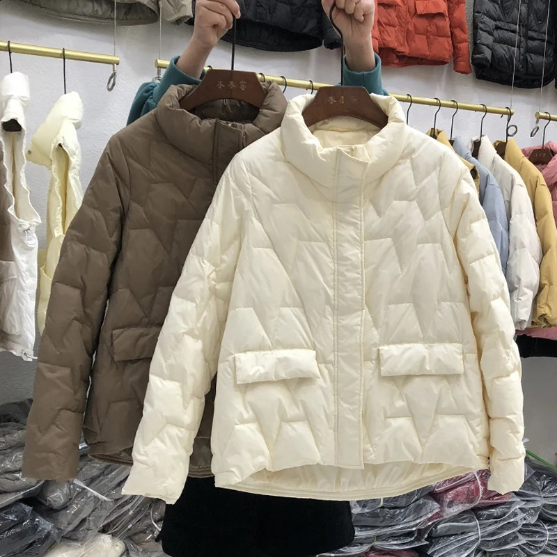 Janveny Ultra Light Down Jacket Womens Winter Stand up Feather Puff Coat 90% White Duck Park Solid Color 240823