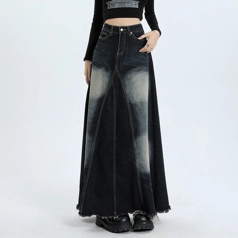 Women Denim Skirt Y2k Emo 2000s Clothes Long Skirt Harajuku Korean 90s Fashion Vintage Gradient A-line Jean Skirt Grunge Clothes 240823