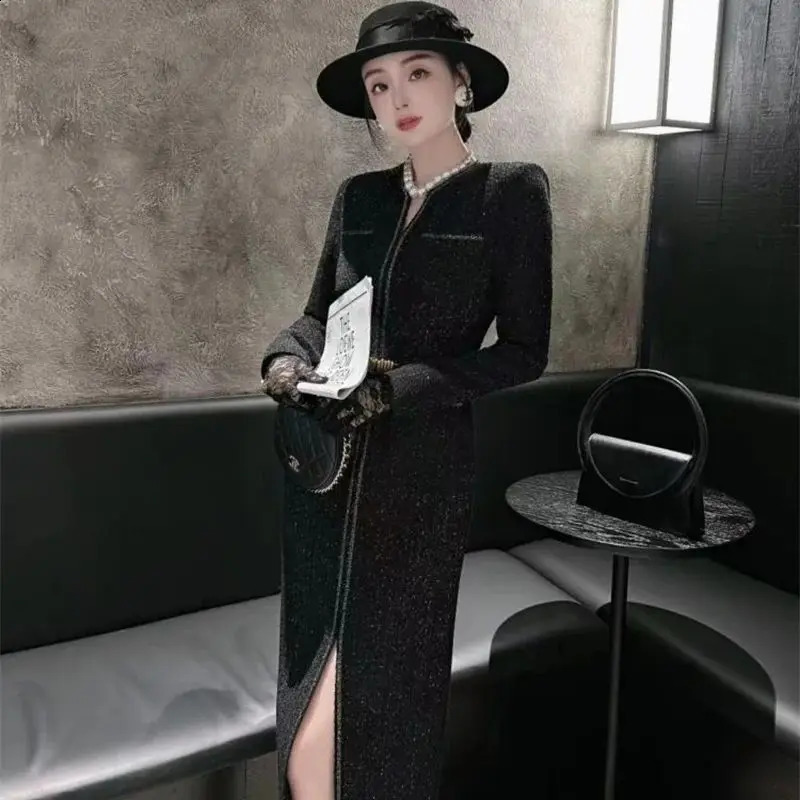 Autumn Winter Elegant Tweed Party Dress Fashion Bright Silk Split Midi Dress Women Long Sleeves Slim Celebrity Vestidos 189P 240824
