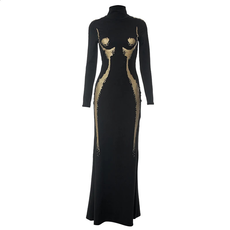 BUILDINGB WomenS Long Sleeve 3D Printed Glitter Mermaid High Maxi Neck Dress Fall Sexy Party Dress Vestidos 240823