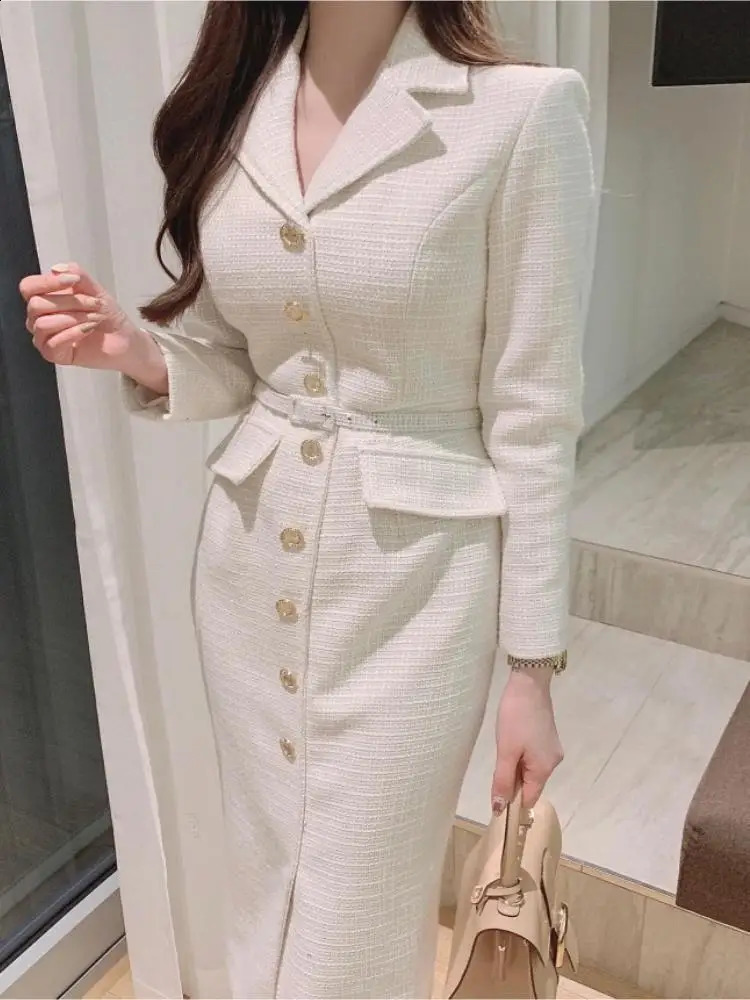 Fashion White Tassel Single Bodycon For Women Office Dresses Suit Collar Black Autumn Long Sleeve Female Formal Dress 240824