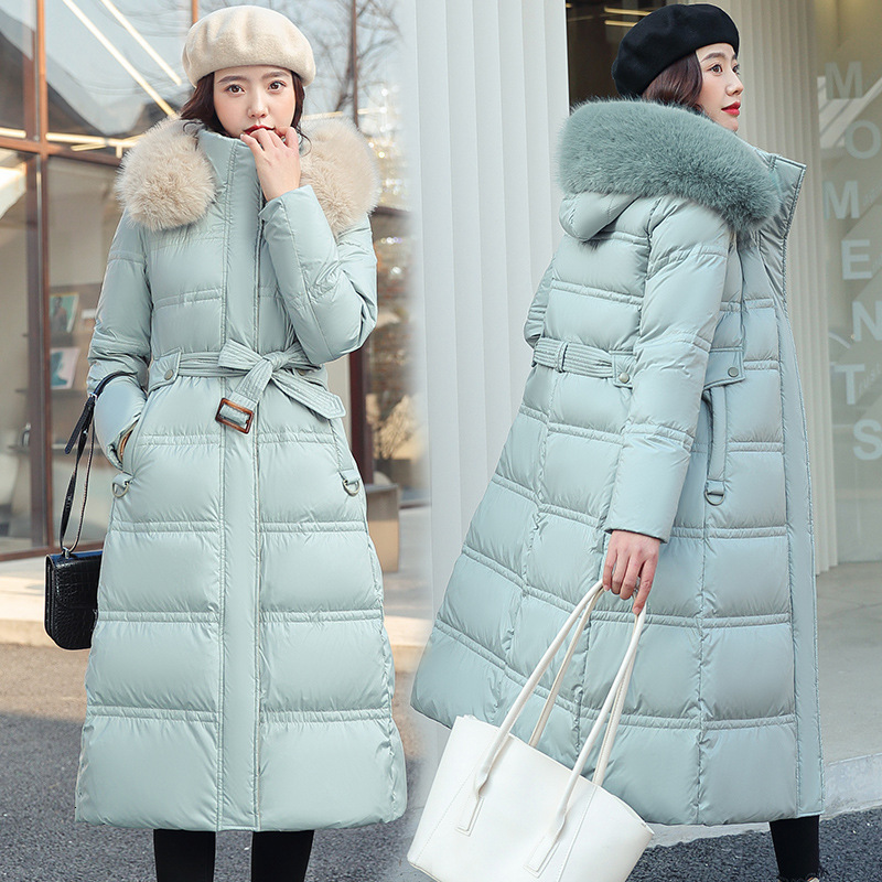 Wind Winter New Down Cotton Jacket Womens Long Knee Length Large Fur Collar Korean Version Slim Belt Coat Cotton