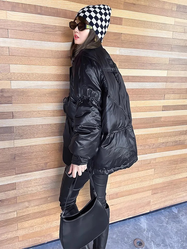 Womens ultrafine loose jacket black patchwork pocket casual thick warm Parka womens twopiece 240823