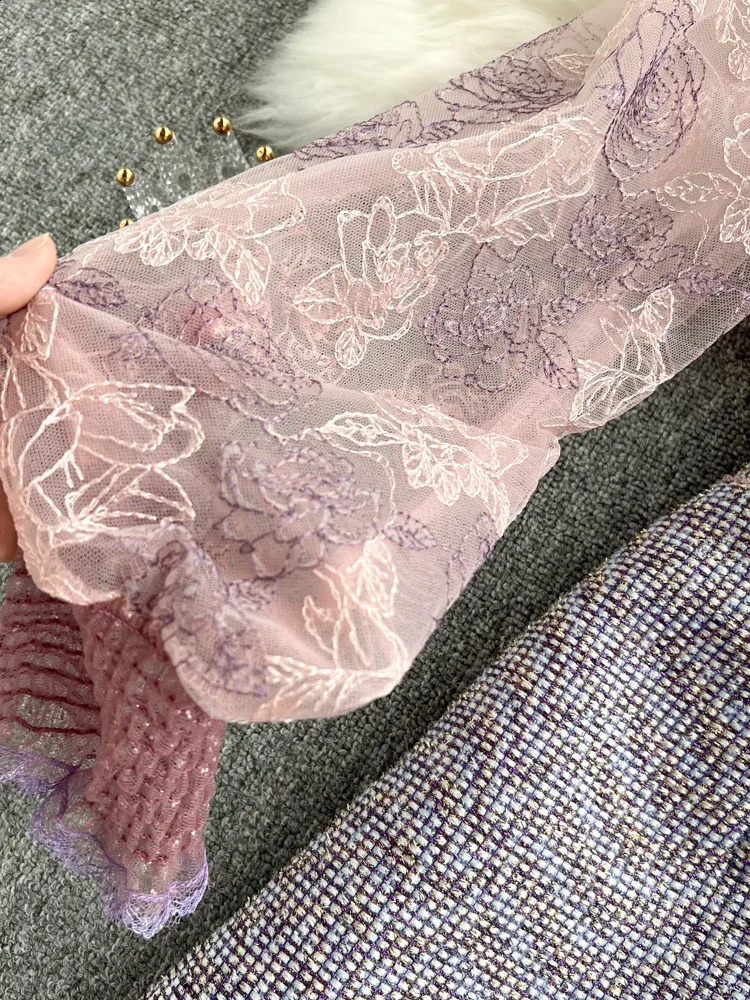 Autumn Sweet Pink Lace Mesh Embroidery Ruffles Patchwork Tweed dresses for Women elegant See Through Long Sleeve Party Vestidos 240824