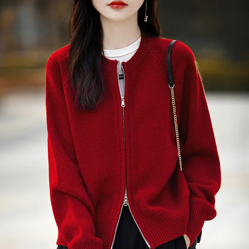 BELIARST Womens Top Spring Wear Zipper Cardigan 100% Pure Wool Knitted O-Neck Coat Casual Loose Long sleeved Jacket 240824