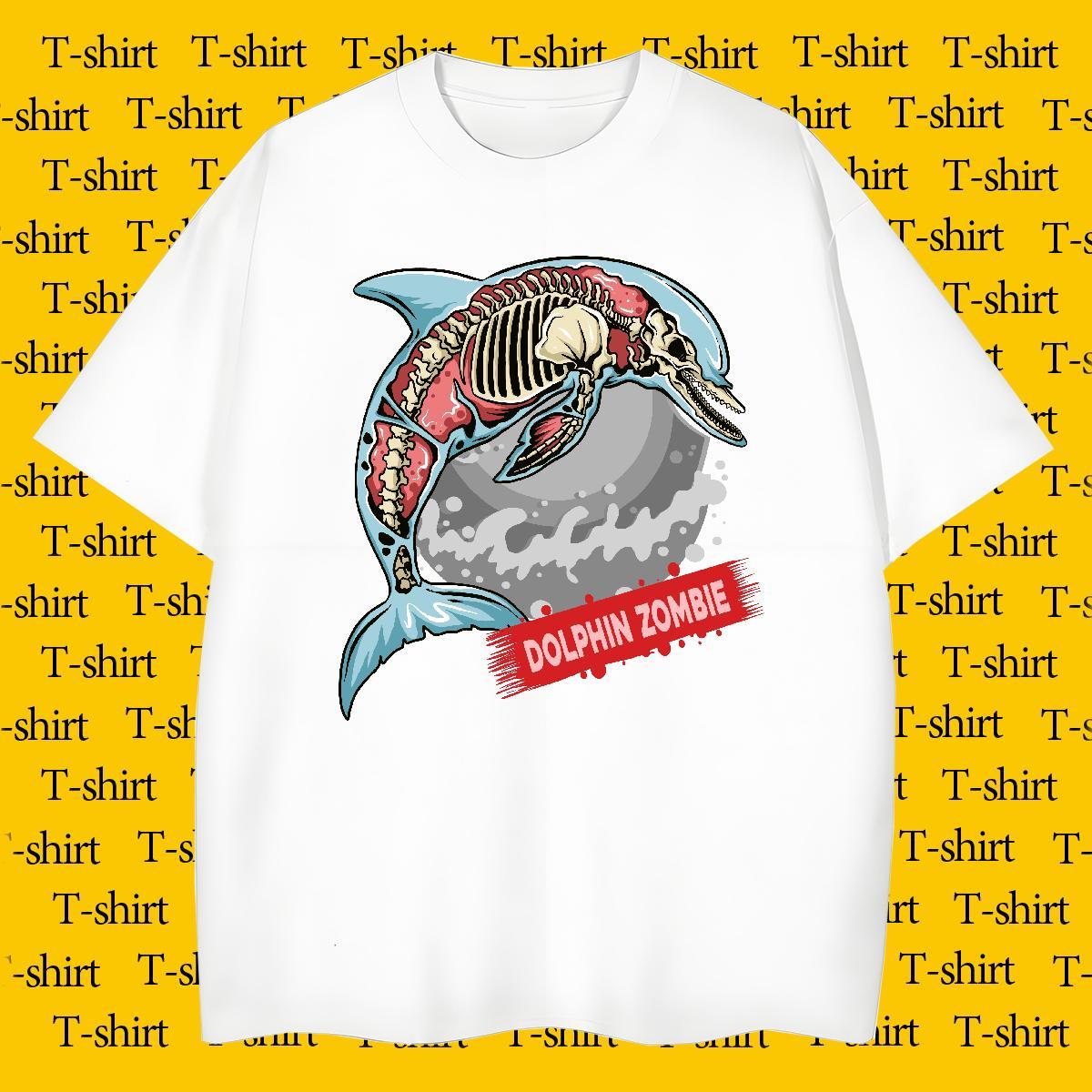 Stylist Men Clothes T-Shirt dolphin Street 230g Cotton Tee Shirt Crew Neck Breathable Comfortable Men T Shirts White Plus Size