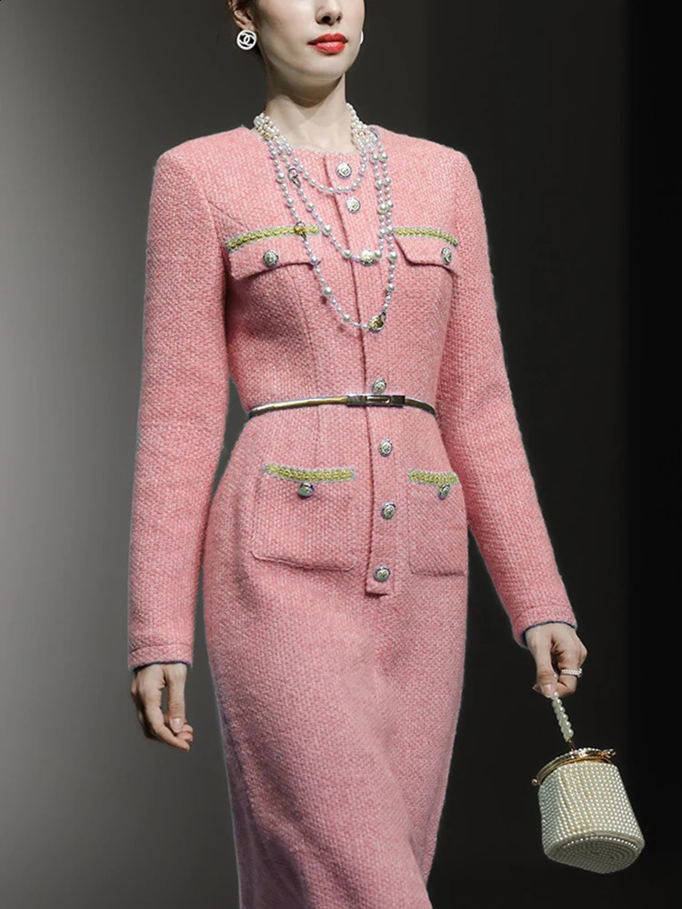 IEQJ Temperament Slim Waist Tweed Dress For Women Full Sleeve Office Lady Long Party Dresses Spring Fashion 3WQ1401 240824