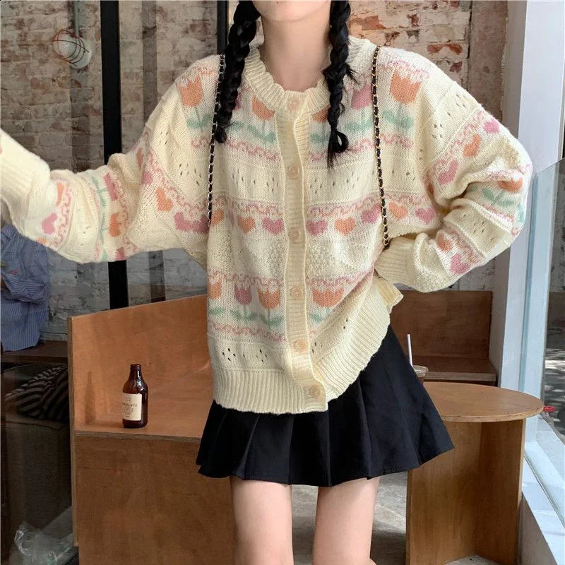 Rimocy Sweet Flower Knit Cardigan Women Autumn Winter Single-Breasted Warm Sweaters for Woman Korean Style Long Sleeve Cardigans 240814