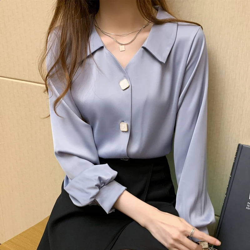 Autumn Womens Long Sleeved V-neck Vintage Lantern Sleeve Solid Simple Versatile Chiffon Shirt Blouse Camisas Tops A524 240823
