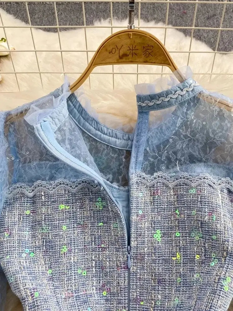 Sweet s Blue Tulles Mesh Bow Collar Butterfly Embroidery Ruffles Stitching Tweed Long Petal Sleeve Sequined Mini Dresses 240824