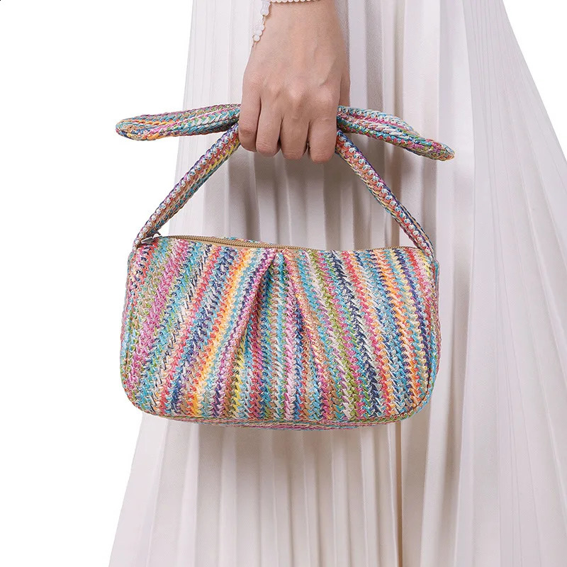 Cute Bow Handle Straw Bag Casual Weave Women Handbags Casual Summer Beach Bags Hobos Clutch Purses for Vacation Party 240823