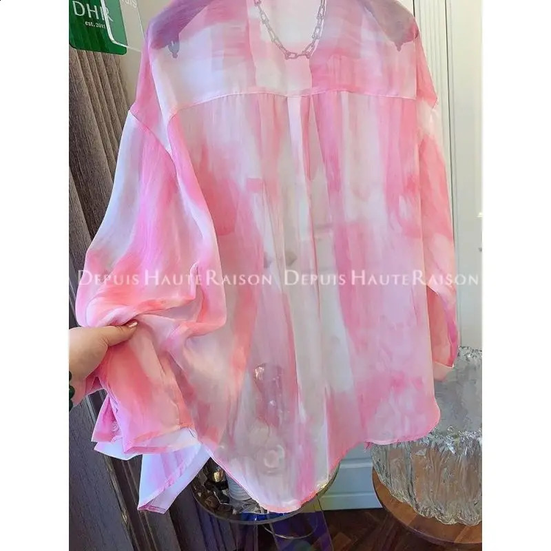 Women Summer Korean Loose Sweet Tie Dye Chiffon Polo-Neck Long Sleeve Sunscreen Shirts Women Clothes Casual All-match Trend Tops 240823