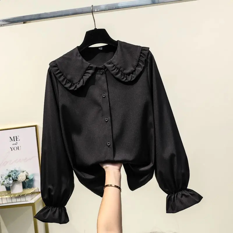 Spring Autumn Doll Neck Black Shirt Tops Solid Color Long Sleeve Loose All-match Youth Blouse Sweet Fashion Women Clothing 240823