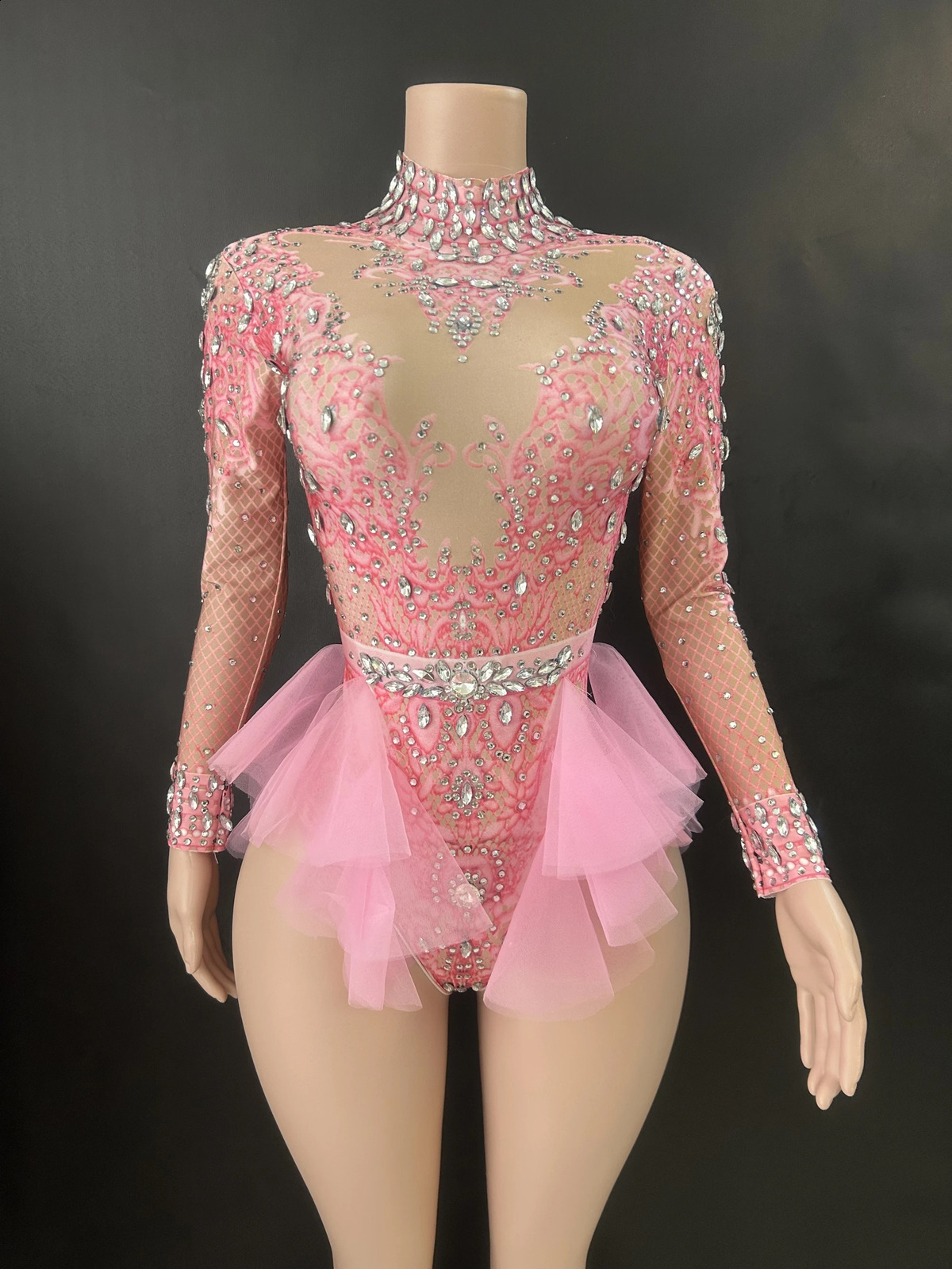 Sparkly Rhinestones Womens Tight Dress Elastic Pink Mesh Ruffle Crystal Nightclub Dancer Stage Party Set 7G w240824