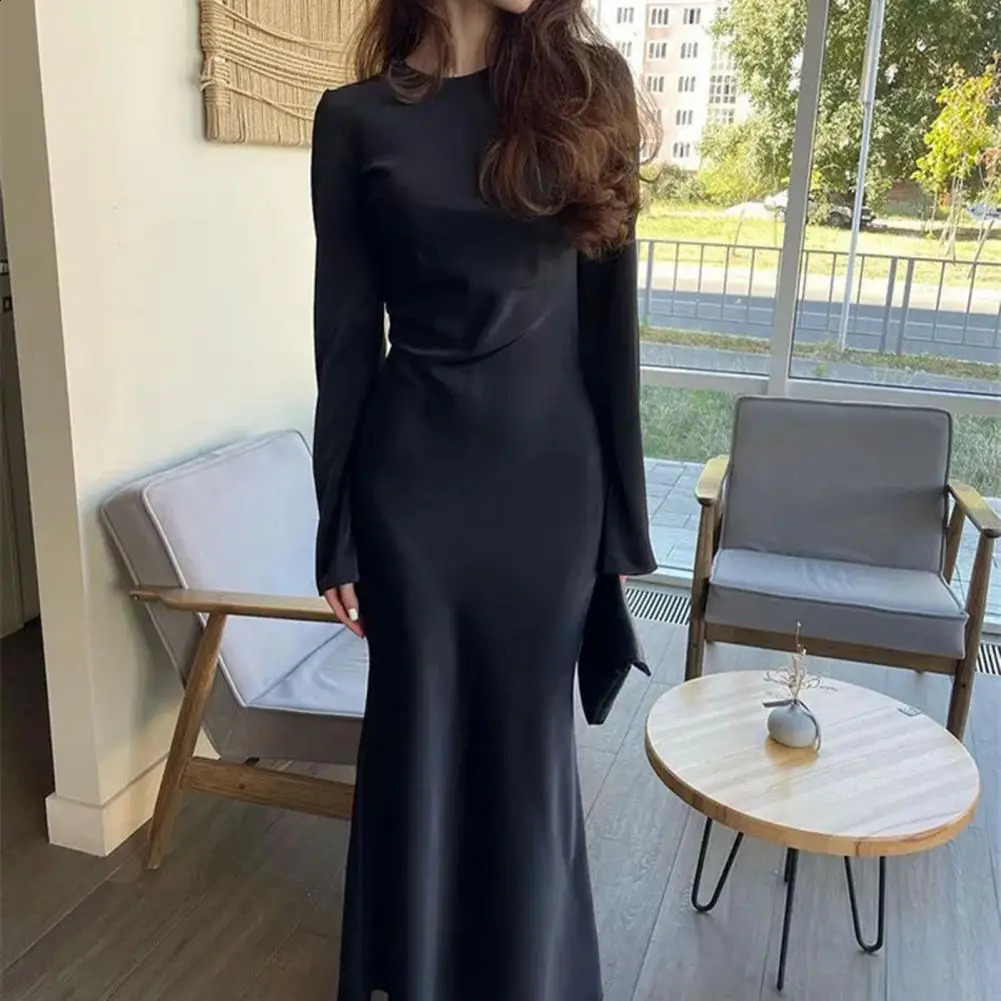 Spring Fall Women Dress Solid Color Round Neck Long Sleeve Maxi Dress Tight Waist Sheath Slim Fit Ankle Length Lady Dress 240823